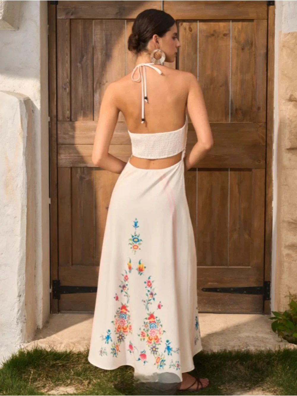 NWT Commense White & Floral Print Backless Halter Maxi Sun Resort Dress XS/S - Picture 3 of 6